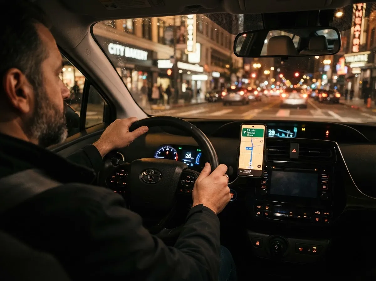 Motorista de aplicativo ao volante à noite na cidade, com o celular no painel mostrando a navegação