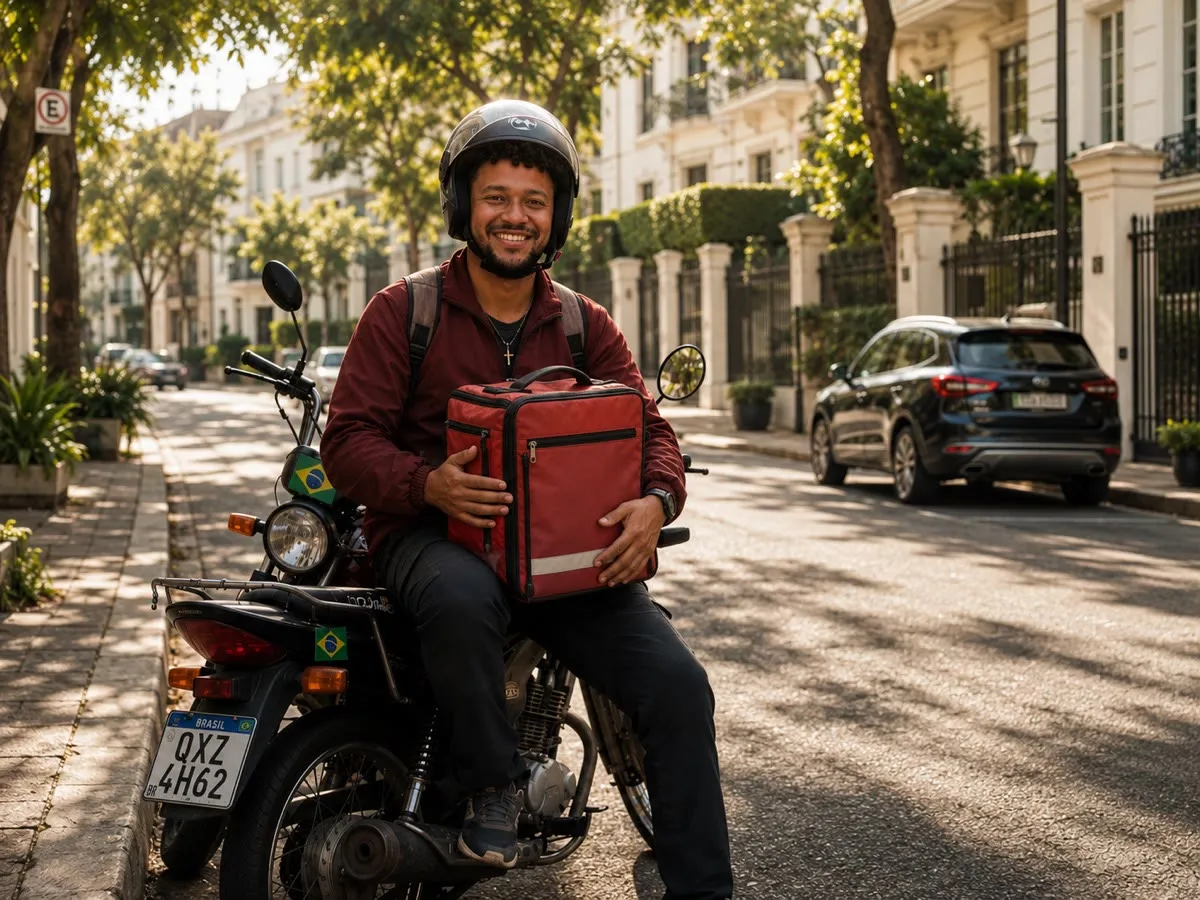 Entregador de aplicativo sorrindo sentado na moto com a mochila térmica de entregas, em rua arborizada