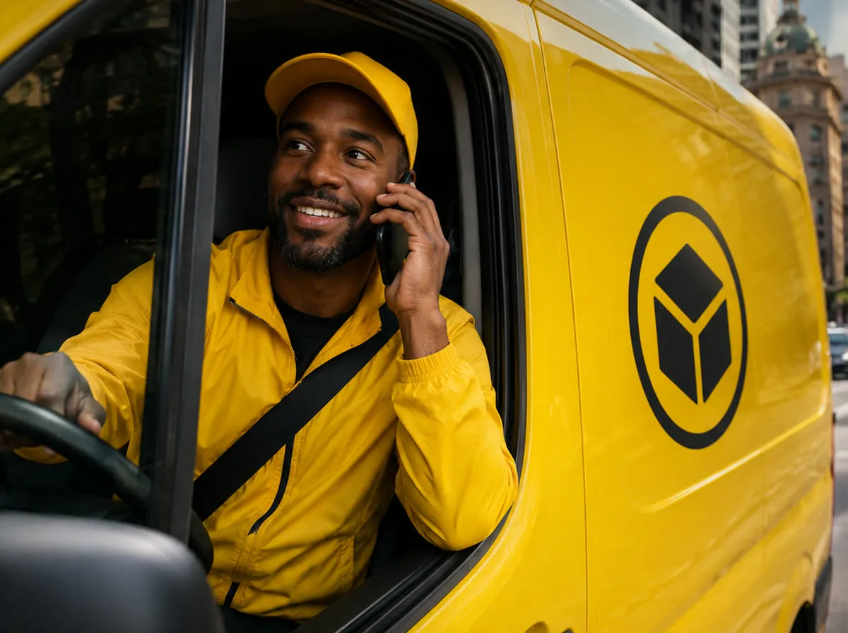Motorista de fretes sorrindo ao telefone na direção de um furgão amarelo de entregas na cidade